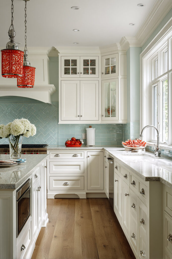 White kitchen with seafoam backsplash, red pendant lights, and coral decor accents.