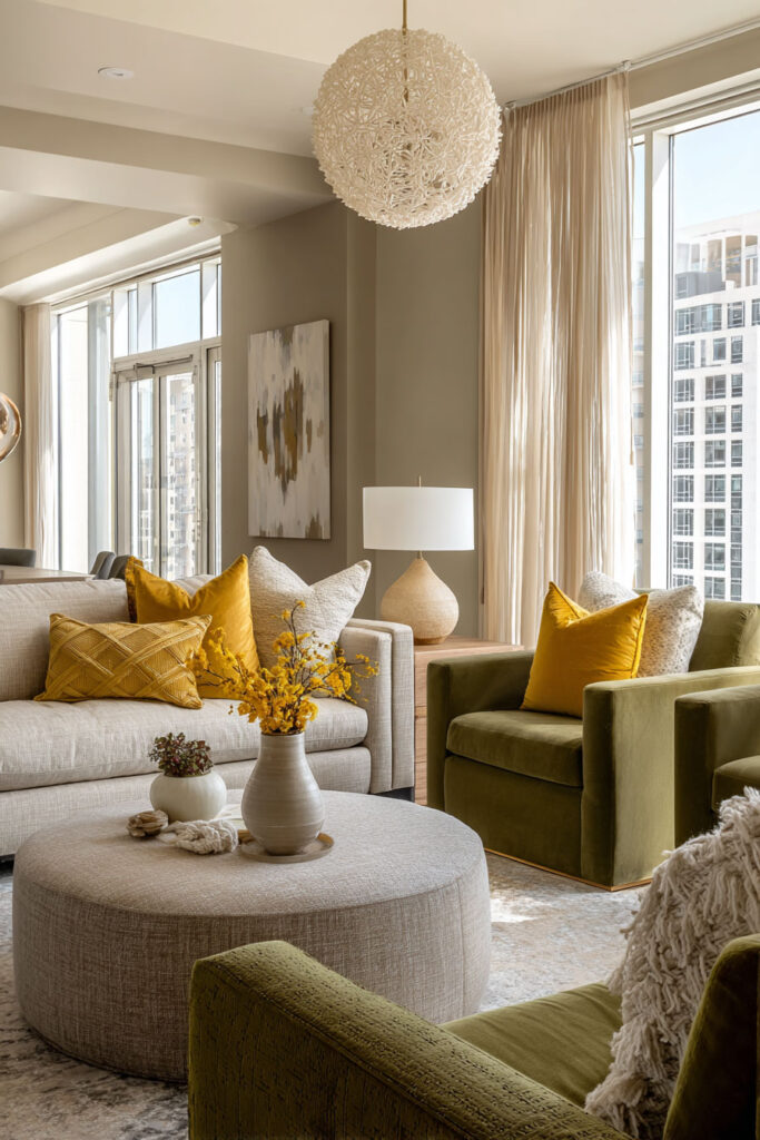 Neutral living room with olive green chairs, yellow pillows, and natural light.