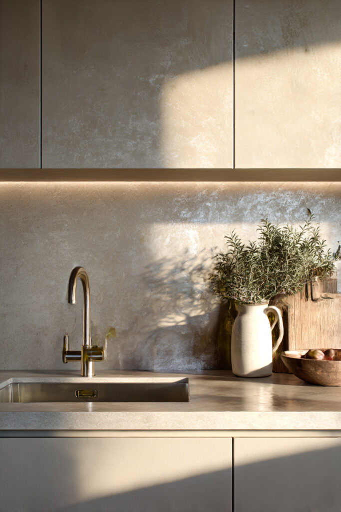 Warm neutral kitchen with brass faucet, textured backsplash, ceramic pitcher with greenery, and soft natural sunlight.