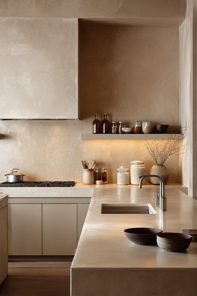 Warm neutral kitchen with soft under-shelf lighting, plaster walls, minimal decor, and natural-toned countertops.