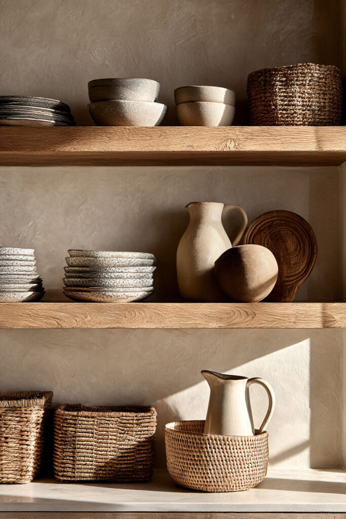 Warm neutral kitchen shelves styled with stoneware plates, ceramic pitchers, rustic bowls, and woven baskets in natural light.