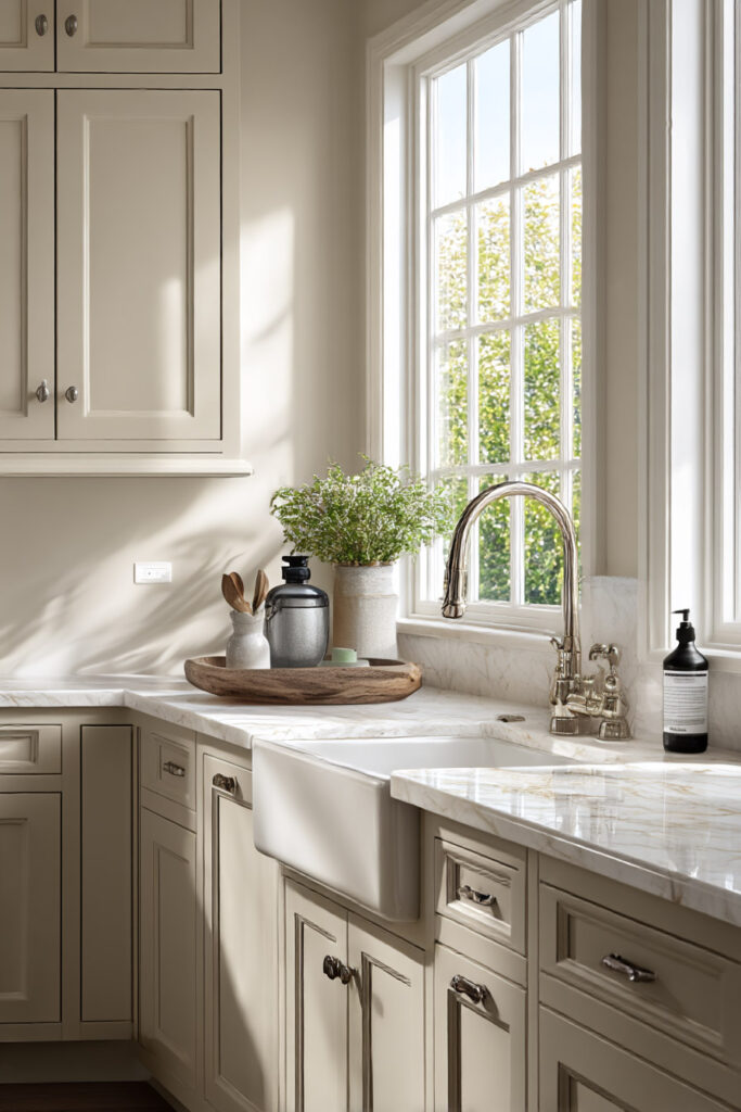 Warm neutral kitchen with farmhouse sink, creamy cabinets, marble countertops, and bright natural window light.