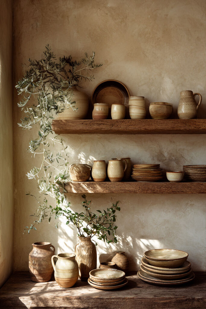 Rustic warm neutral kitchen shelves styled with handcrafted pottery, stoneware dishes, and trailing greenery.