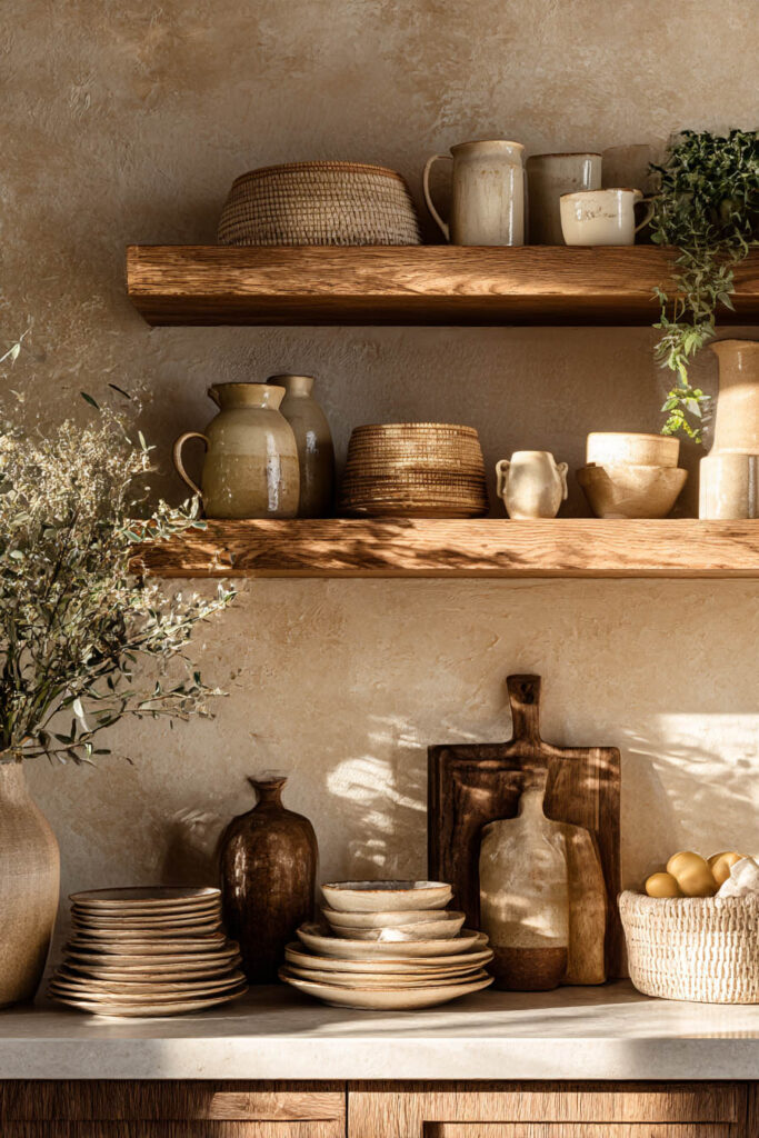 Warm neutral kitchen shelves styled with handmade ceramics, woven baskets, wood boards, and stacked stoneware plates in natural light.