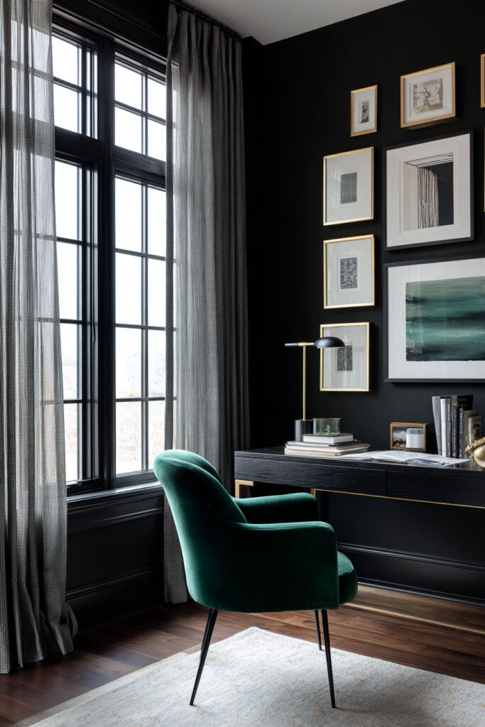 Bold black home office with emerald velvet chair, gold-framed gallery wall, and soft light through sheer curtains creating a moody yet elegant atmosphere.