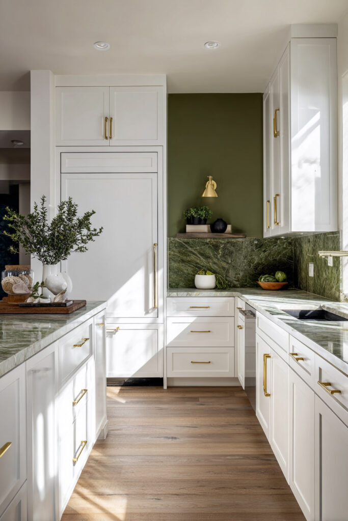 Green and white kitchen with olive backsplash, white cabinets, brass hardware, and natural wood floors in a warm, modern color palette.
