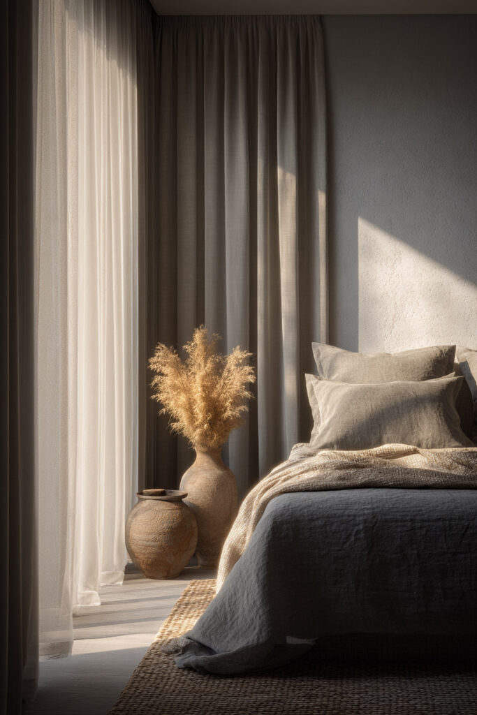 Minimalist bedroom with neutral linen bedding, sheer curtains, clay vases, and dried pampas grass in warm natural sunlight.