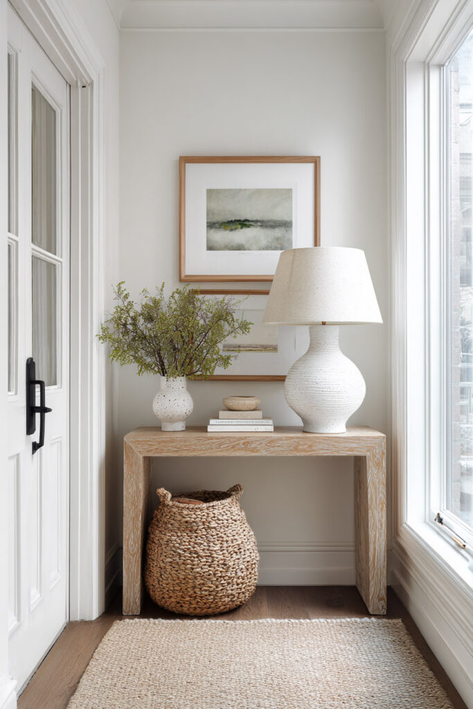 Neutral entryway with whitewashed wood console table, woven basket, ceramic lamp, and framed wall art styled in a light natural color palette.