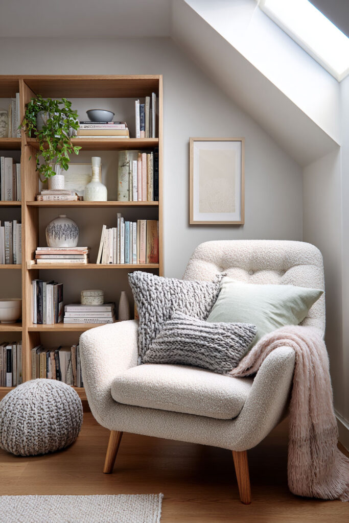 Neutral reading nook with a boucle chair, soft green and gray pillows, oak shelving, and natural light streaming from a skylight.