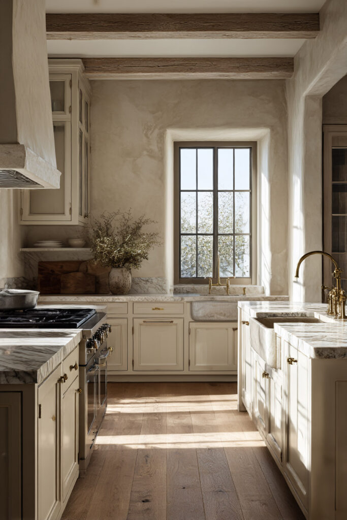 Warm neutral kitchen with creamy cabinets, marble countertops, brass fixtures, plaster walls, and exposed wood ceiling beams.