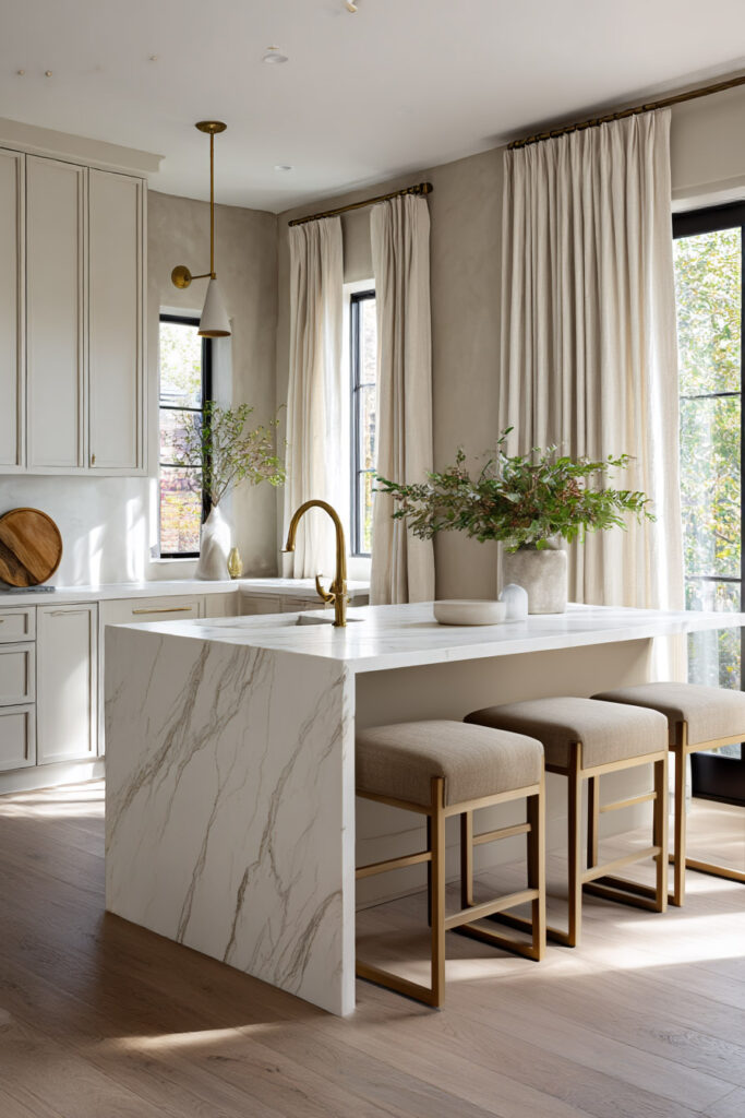 Warm neutral kitchen with waterfall marble island, beige bar stools, brass faucet, plaster walls, full-length curtains, and black-framed windows.