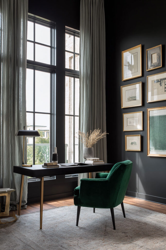 Dark moody home office with black walls, emerald green velvet chair, gold-framed art, and natural light through tall windows for bold decor inspiration.