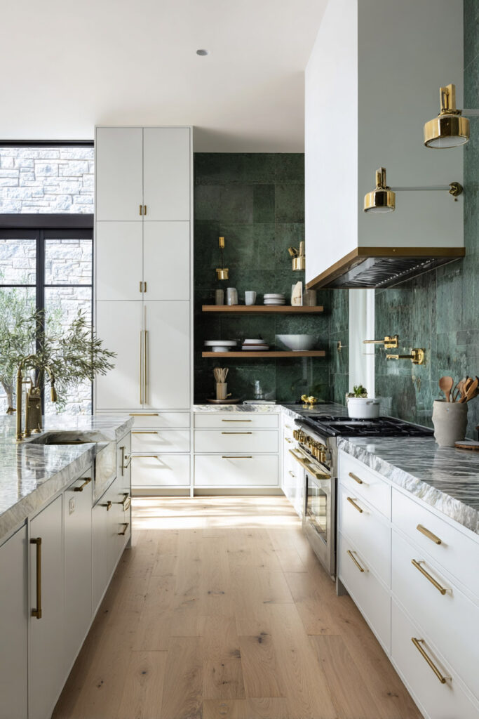 Modern kitchen with green tile backsplash, white cabinets, marble countertops, brass fixtures, and oak flooring in a rich natural color palette.