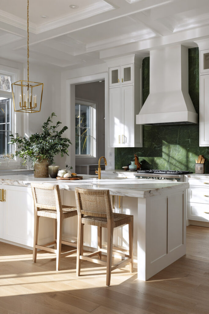 Bright kitchen with green marble backsplash, white cabinets, brass hardware, rattan counter stools, and natural light on oak floors.