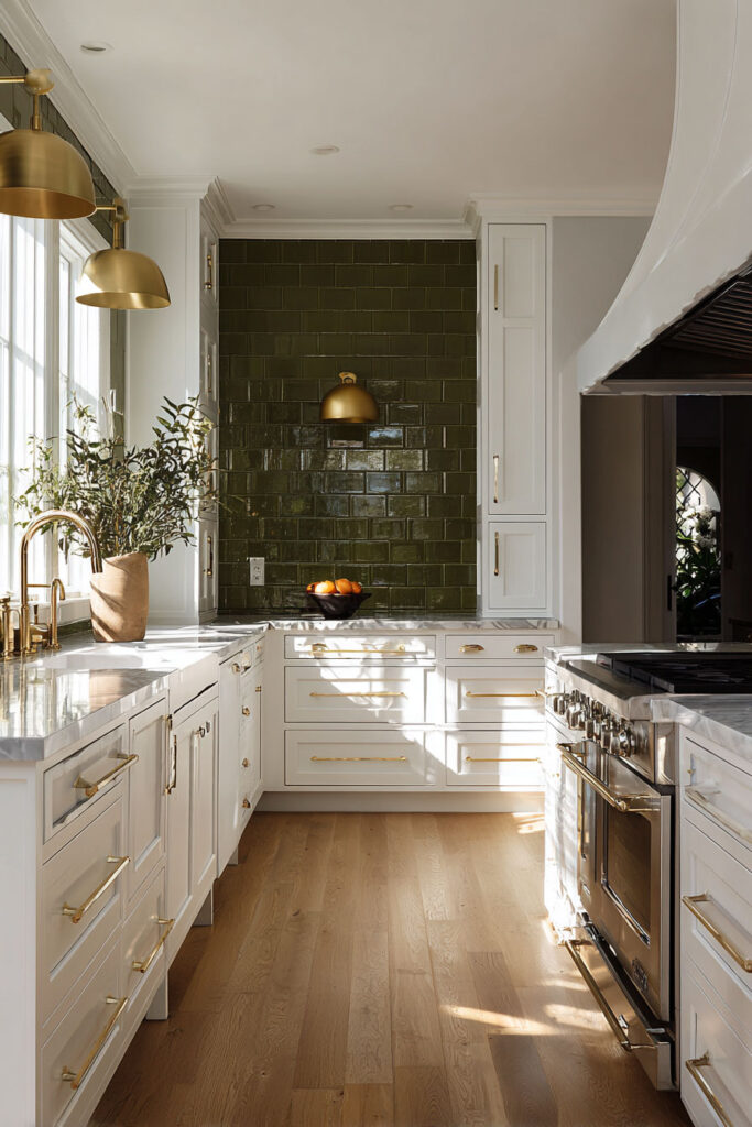 White and brass kitchen with olive green tile backsplash, marble countertops, and natural wood floors in a warm, earthy color palette.