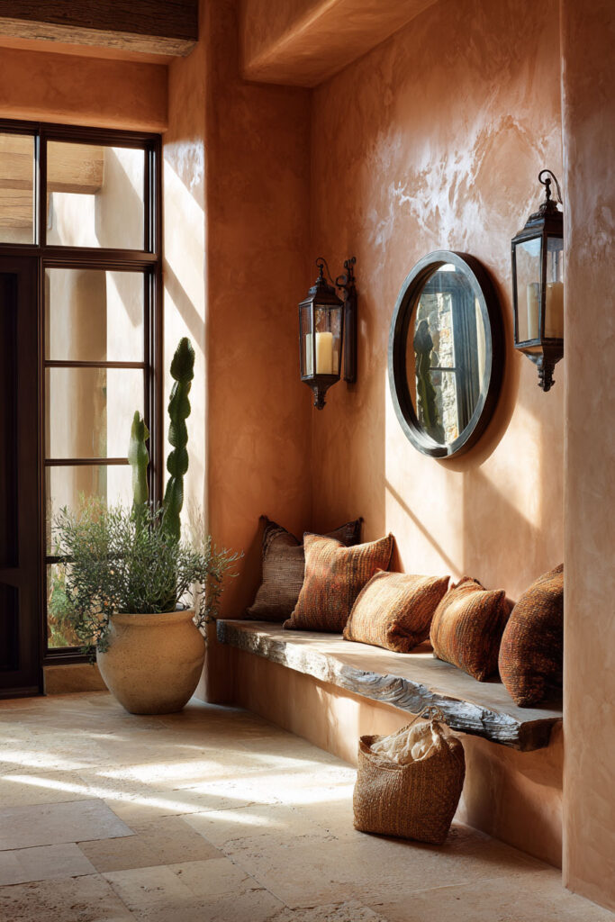 Warm desert entryway with terracotta plaster walls, rustic wood bench, woven pillows, potted cactus, and lantern sconces in natural sunlight.