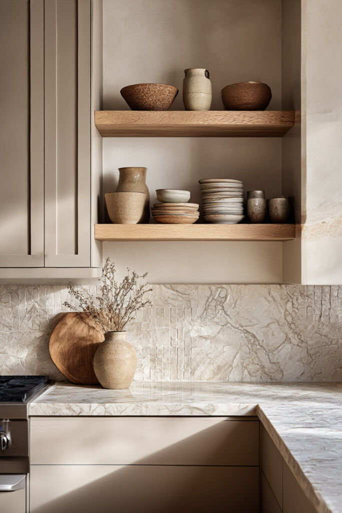 Warm neutral kitchen with oak open shelves, earthy ceramic dishes, textured stone backsplash, and beige cabinetry.
