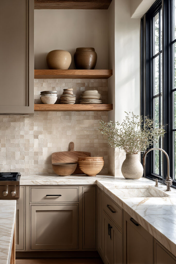 Warm neutral kitchen with taupe cabinets, open wood shelves, zellige tile backsplash, stacked ceramics, wooden bowls, marble countertops, and black-framed window.