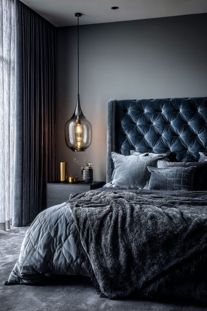 Moody gray bedroom with tufted velvet headboard, smoky glass pendant light, and soft layered bedding for a cozy, dramatic look.