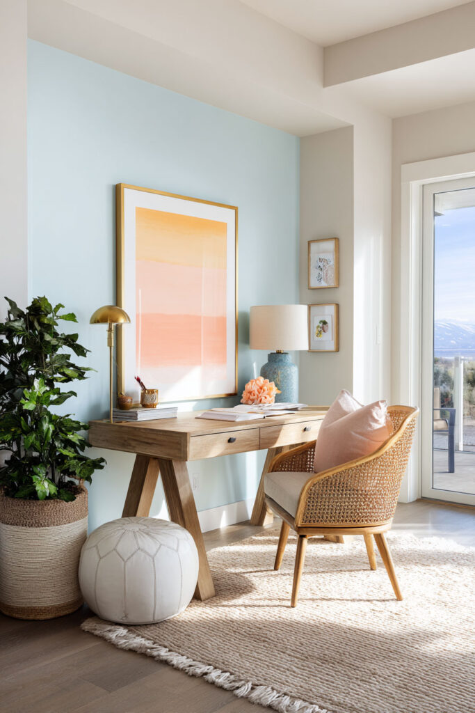 Coastal-inspired home office with light blue wall, coral artwork, wood desk, rattan chair, and soft natural light in a bright pastel color palette.