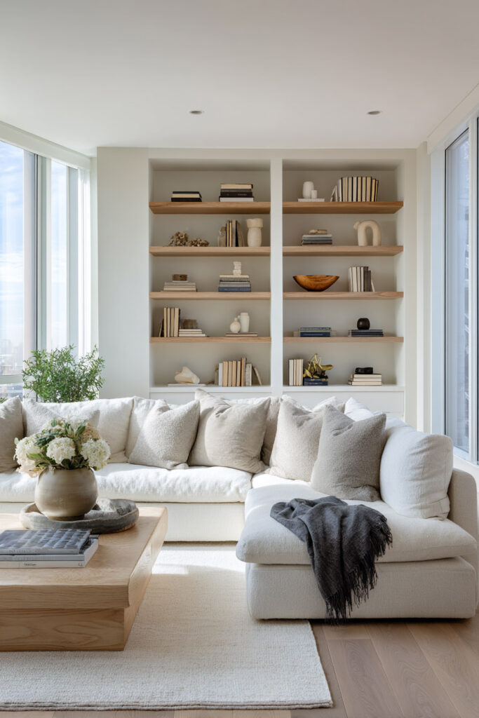 Bright neutral living room with beige sectional sofa, taupe pillows, oak coffee table, and built-in shelving styled with minimal decor.