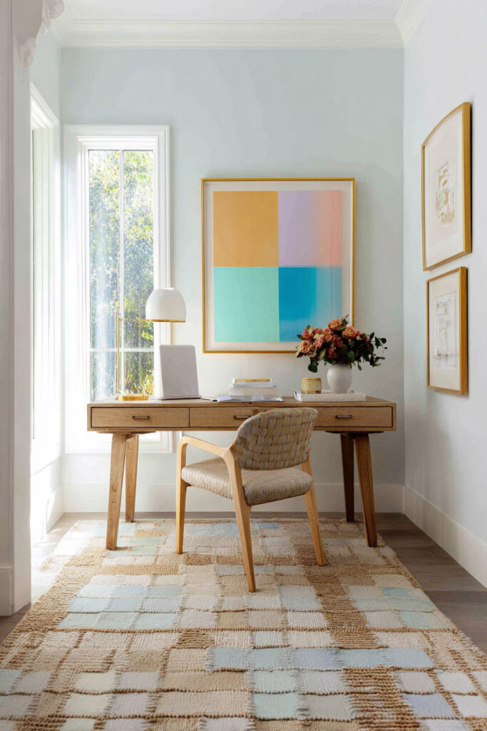 Pastel home office with wood desk, woven chair, abstract colorful art, and soft blue and peach accents in a bright, airy space.