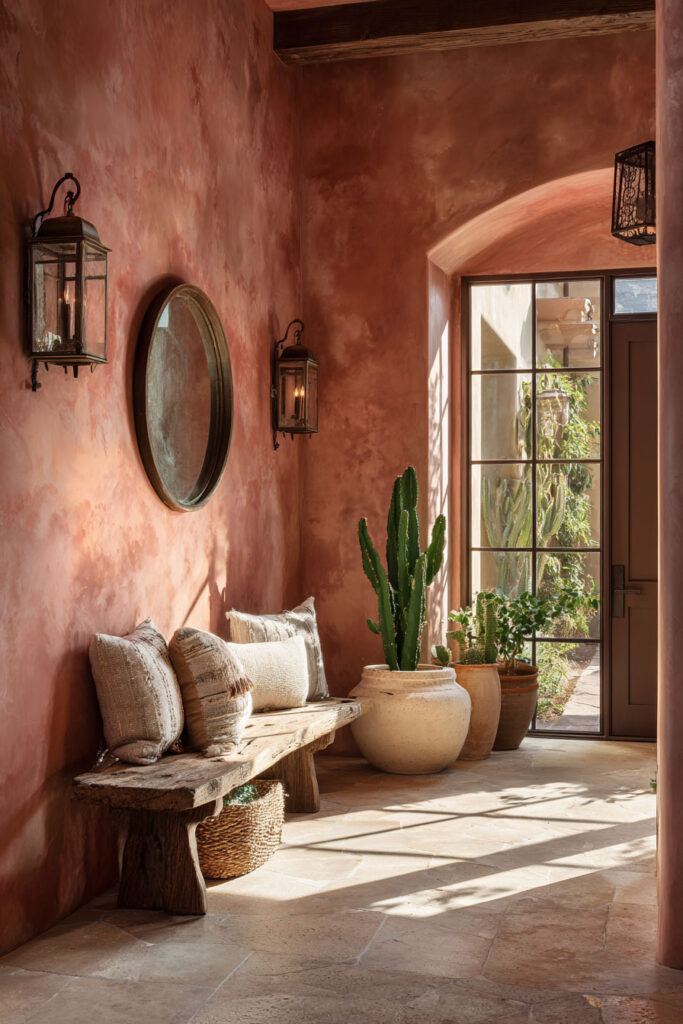 Warm desert-inspired entryway with rustic plaster walls, wooden bench, potted cacti, woven basket, lantern sconces, and natural sunlight.
