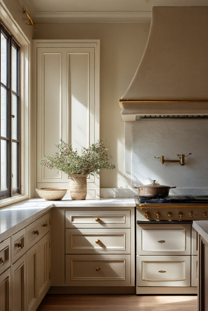 Warm neutral kitchen with creamy cabinets, marble countertops, brass hardware, plaster hood, and vintage-style range.