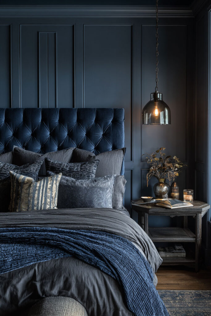 Moody navy bedroom with tufted velvet headboard, paneled walls, layered bedding, and warm pendant light for a dramatic, cozy look.