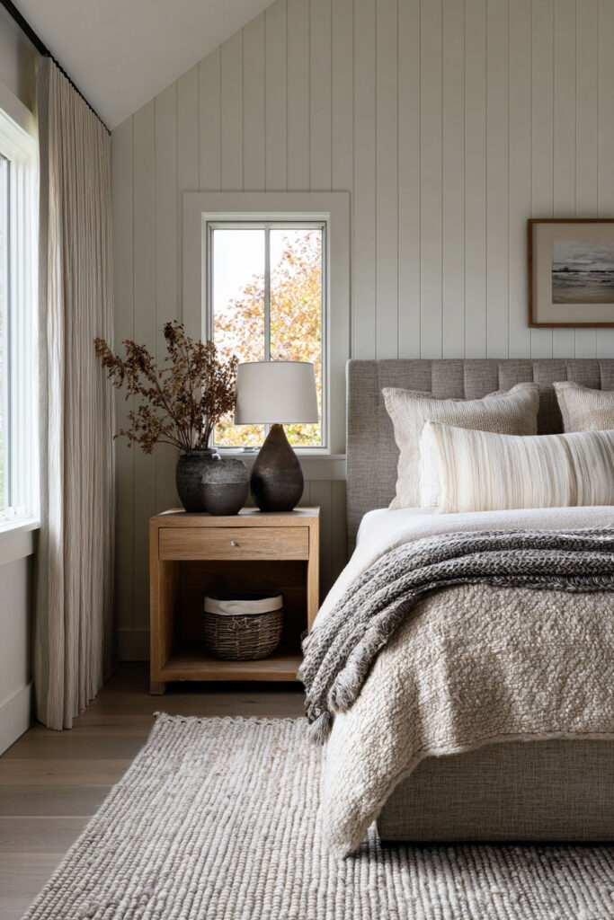 Neutral entryway with whitewashed wood console table, woven basket, ceramic lamp, and framed wall art styled in a light natural color palette.