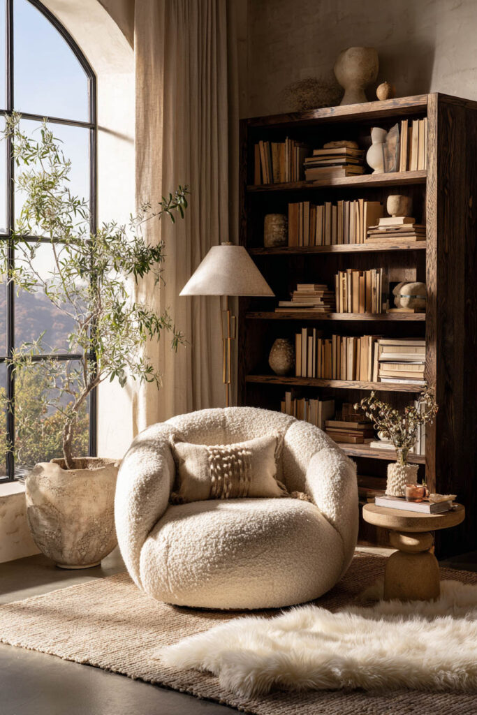 Cozy neutral reading nook with boucle chair, wood bookshelf, textured rug, and warm beige and brown tones in natural light.
