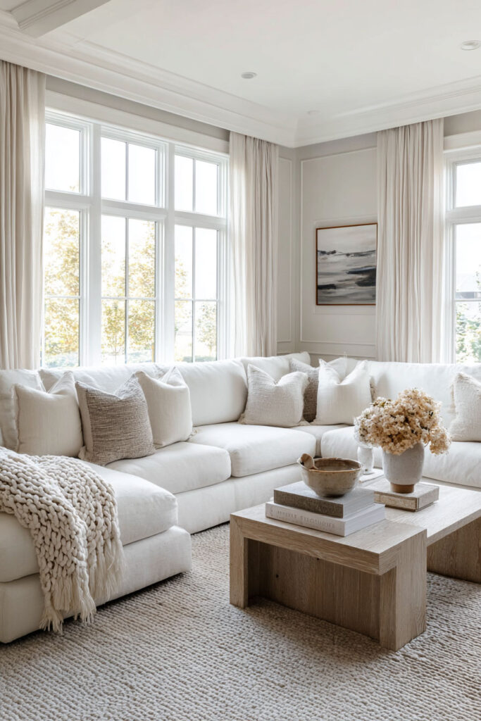 Timeless neutral living room with a white sectional sofa, chunky knit throw, soft beige pillows, and a light wood coffee table bathed in natural light.
