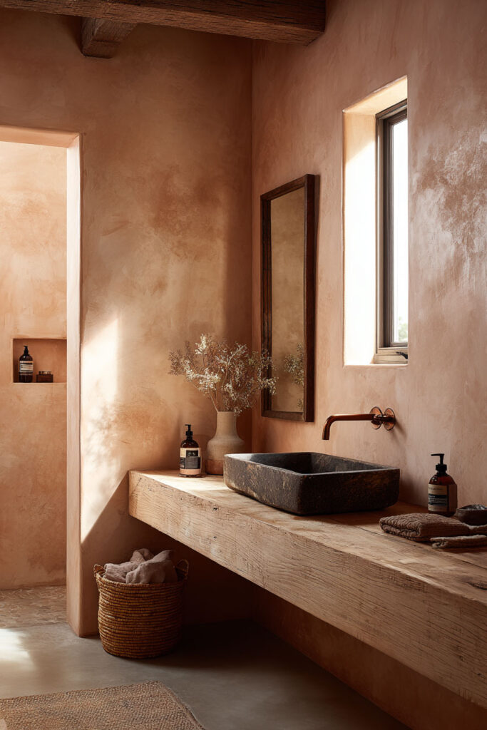 Warm desert bathroom with clay plaster walls, rustic wood vanity, stone sink, copper faucet, natural light, and neutral earthy decor.