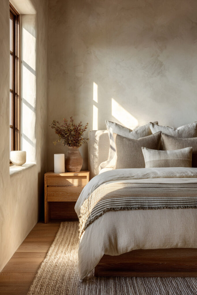 Neutral bedroom with linen bedding, oak nightstand, plaster walls, and ceramic vase in warm natural light.