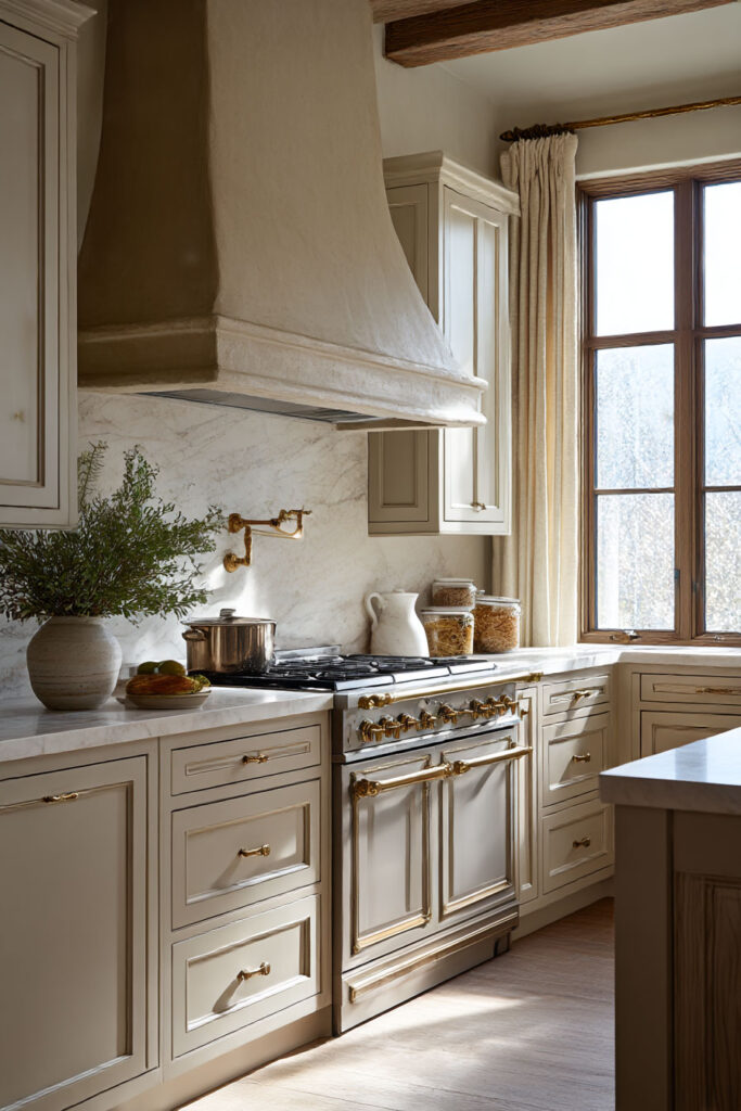 Warm neutral kitchen with creamy cabinets, brass hardware, plaster hood, marble backsplash, and wood-framed windows.
