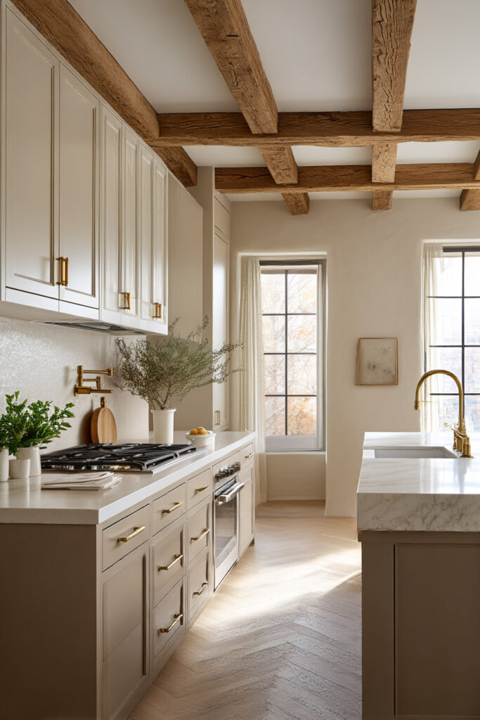 Warm neutral kitchen with rustic ceiling beams, beige cabinets, marble island, brass fixtures, large windows with sheer curtains, and soft natural light.