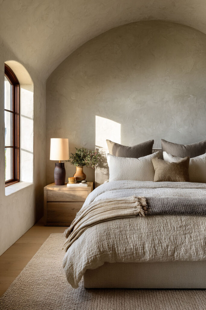 Warm neutral bedroom with arched plaster ceiling, linen bedding, oak nightstand, and soft natural light.