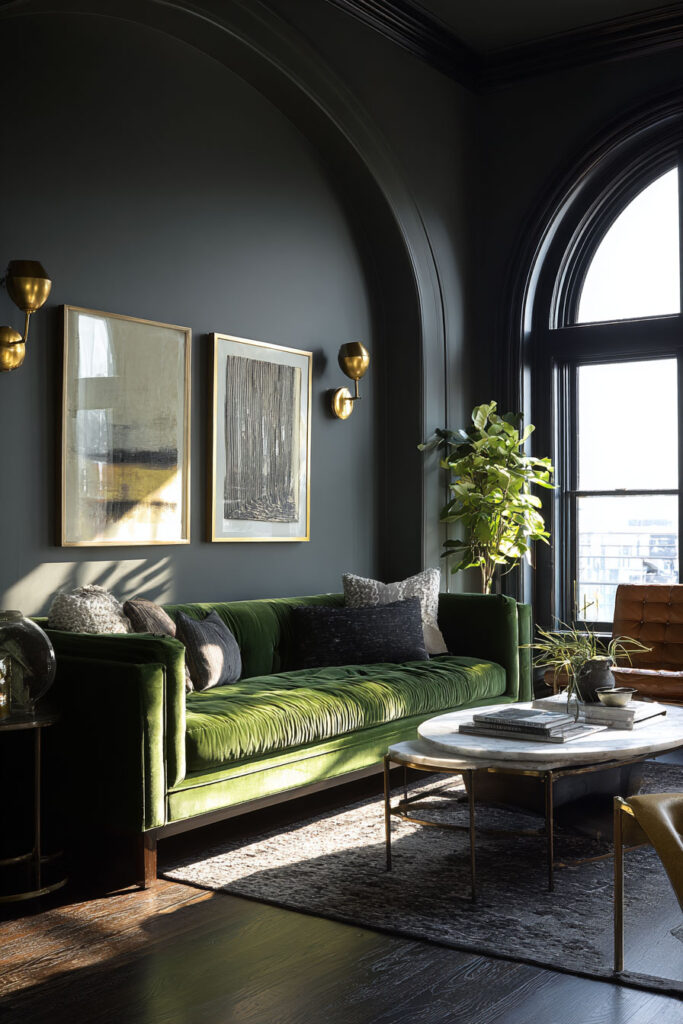 Moody living room with dark charcoal walls, green velvet sofa, brass sconces, and large arched windows letting in soft natural light.