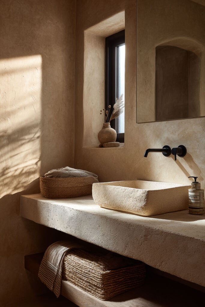 Earthy neutral bathroom with stone sink, plaster walls, woven accents, and natural light creating a warm, organic spa-like space.