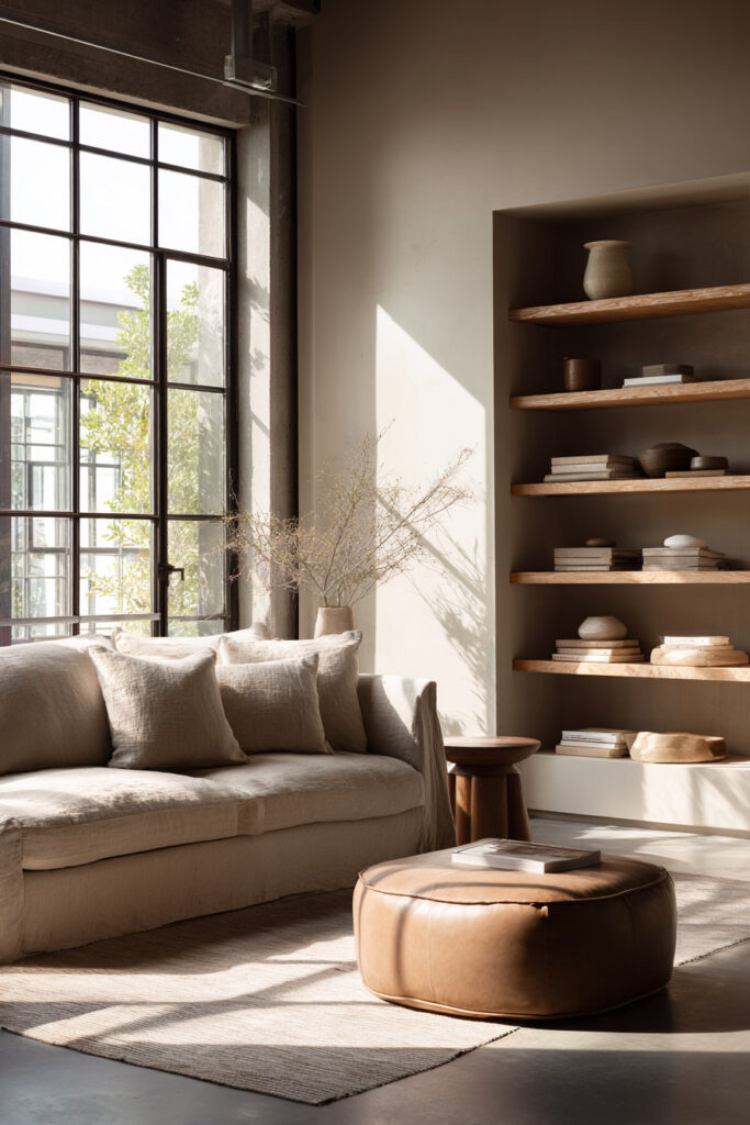 Neutral bedroom with textured bedding, wood nightstand, ceramic vases, and beige tones styled in a cozy minimalist color palette.