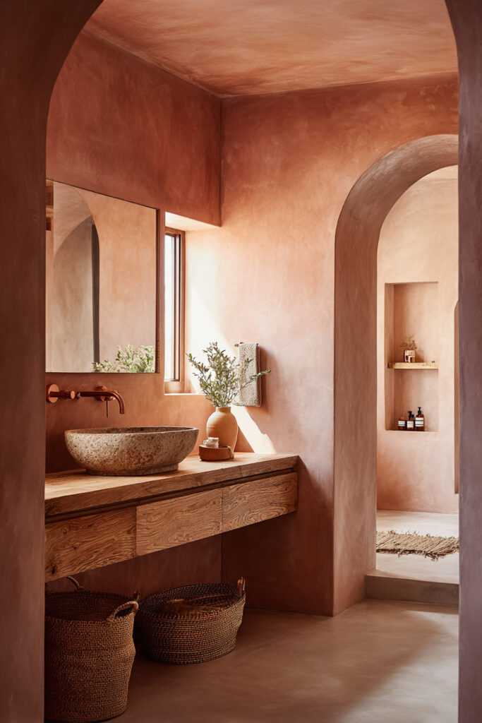 Warm desert bathroom with arched doorway, plaster walls, natural stone sink, rustic wood vanity, and woven baskets in earthy tones.