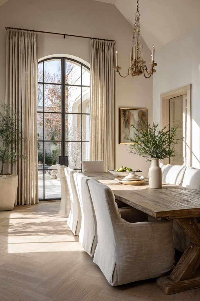 Warm neutral dining room with a rustic wood table, slipcovered linen chairs, tall drapes, and natural light streaming through black-framed French doors.