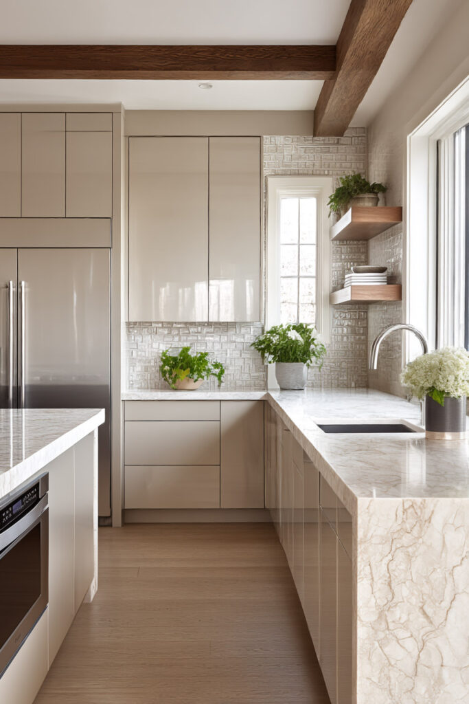 Warm neutral kitchen with glossy taupe cabinets, textured tile backsplash, marble countertops, floating wood shelves, stainless appliances, and greenery.