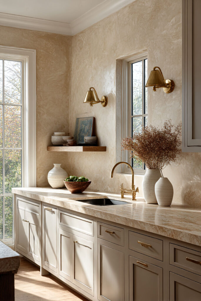 Warm neutral kitchen with plaster walls, brass sconces, creamy cabinets, stone countertops, and ceramic décor.