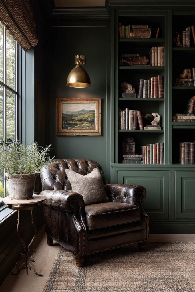 Moody reading nook with dark green built-in shelves, leather armchair, brass wall sconce, and vintage books creating a cozy, classic feel.