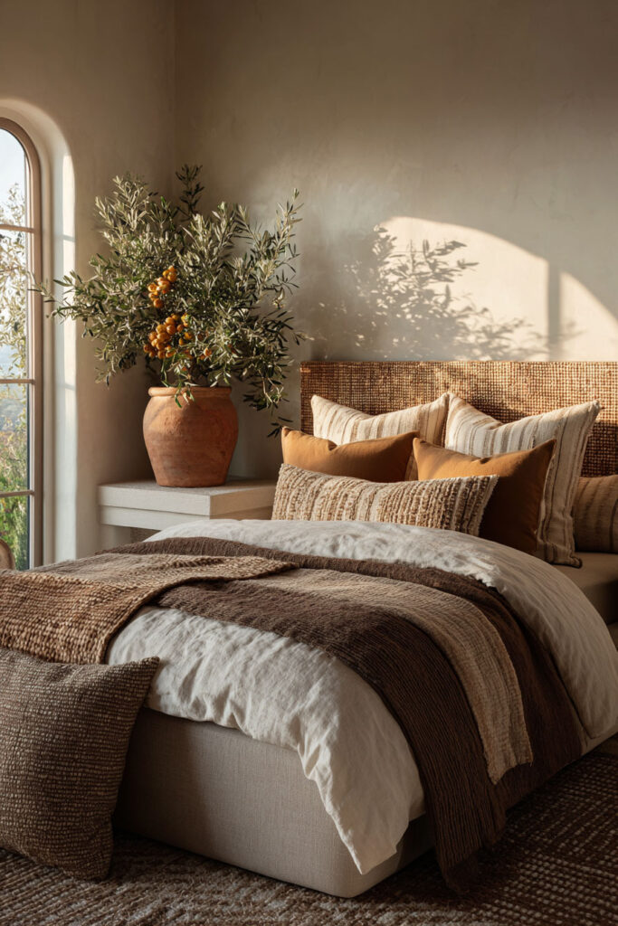 Earthy bedroom with terracotta vase, woven headboard, layered neutral bedding, and warm sunlight creating an organic Mediterranean feel.