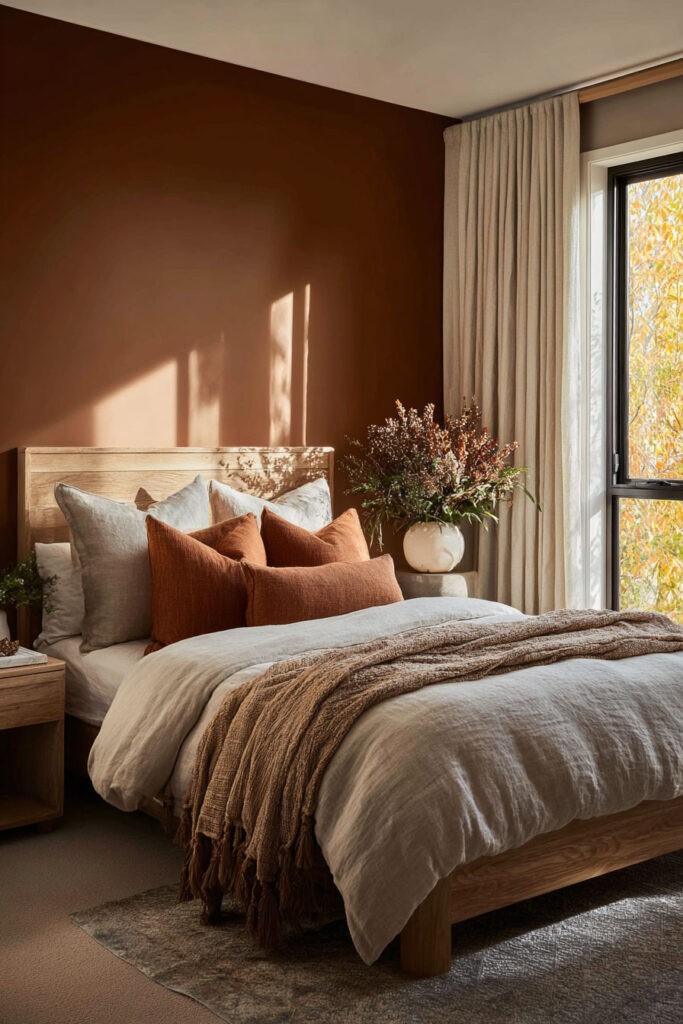 Earthy bedroom with terracotta wall, linen bedding, rust pillows, knit throw, and natural wood accents in warm sunlight.