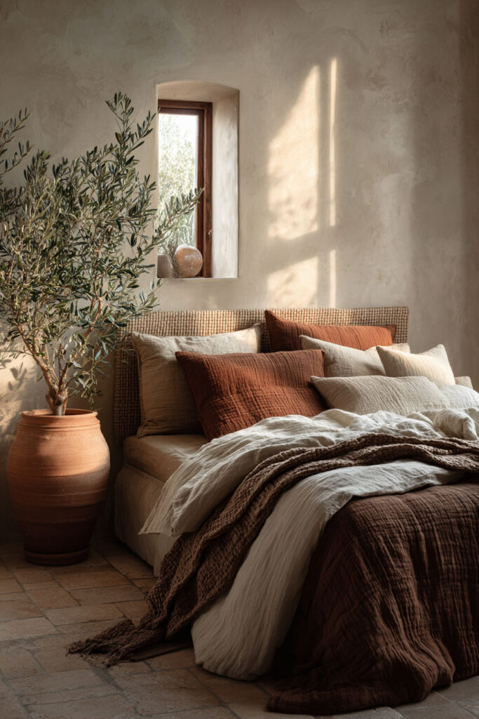 Earthy bedroom with rust and beige linen bedding, terracotta pot, olive tree, and plaster walls in warm natural light and organic color palette.