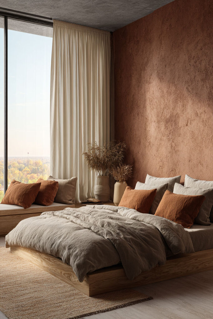 Warm terracotta bedroom with linen bedding, natural wood furniture, dried grasses, and soft natural light creating an earthy, relaxed feel.