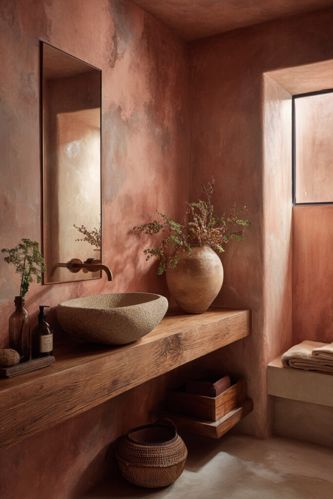 Warm desert bathroom with textured clay walls, rustic wood vanity, stone vessel sink, clay vase with greenery, and natural sunlight.